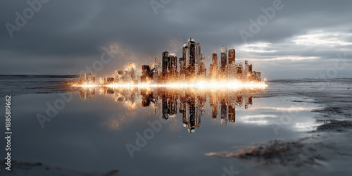 City skyline appears from water with bright lights reflecting during twilight hours
