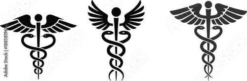 Caduceus medical symbol icons set, winged staff with serpents healthcare emblem, black vector illustration for hospital medicine and medical logo design