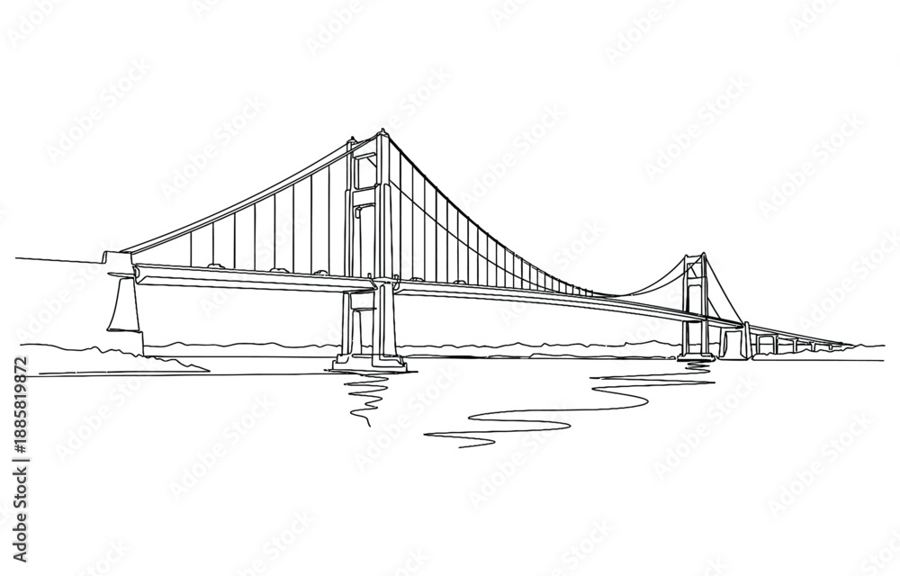 Fototapeta premium Giant bridge over river, Continuous one line drawing design.