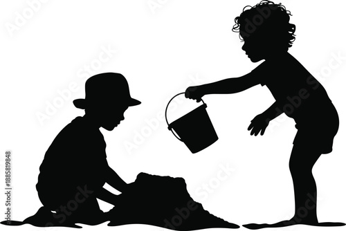 Children playing with sand silhouette vector illustration, kids building sandcastle using bucket, outdoor childhood fun, teamwork, creative play concept for education