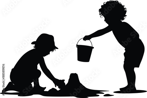 Children playing and building sand castle silhouette vector illustration, kids outdoor activity, childhood fun, teamwork, summer play concept for creative education design