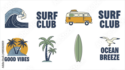 Retro Surf Club and Tropical Beach Badges Vector Set,.eps
