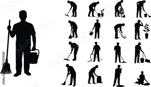 Cleaning and gardening worker silhouettes, people sweeping, raking, watering plants, household and outdoor maintenance tasks, manual labor activities, black vector illustration set