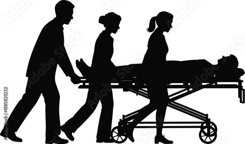 Emergency medical staff transporting patient on hospital stretcher, paramedics and nurses silhouette, black vector illustration for healthcare and ambulance service design