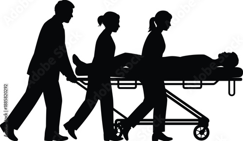 Emergency medical team transporting patient on hospital stretcher, paramedics and healthcare workers silhouette, black vector illustration for emergency care design