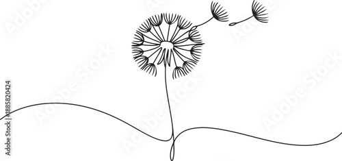 One continuous line drawing of beauty fresh taraxacum for home decor wall art poster print. Printable decorative dandelion flower concept. one line Icon drawing