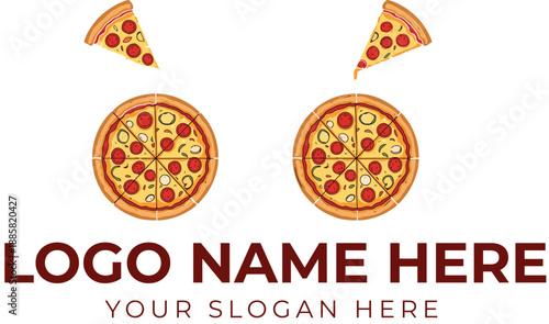 Dual pizza logo vector with lifted slices and bold text for fast food or pizzeria branding