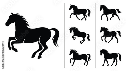 Horse silhouettes vector set isolated on white background, running standing and jumping horses in different styles
