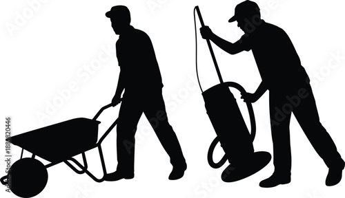 Construction workers silhouettes using wheelbarrow and industrial vacuum equipment, men performing manual labor tasks, black vector illustration for building and maintenance concepts