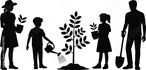 Family gardening silhouettes with parents and children planting tree together, eco friendly lifestyle, nature care concept, black vector illustration isolated