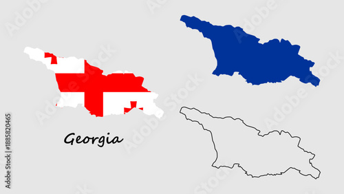 Georgia map set vector. Set of Georgia map on flag, blue, and outline. Georgia map on gray background