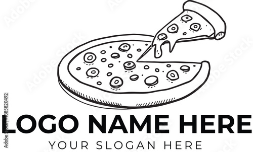 Black and white pizza logo vector with lifted slice and toppings for fast food or pizzeria branding