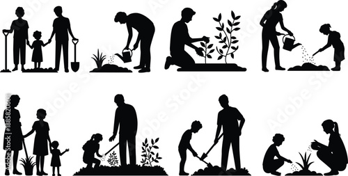Family gardening silhouettes, parents and children planting trees, watering plants, outdoor eco activities, nature care, environmental education, sustainable lifestyle, black vector illustration set