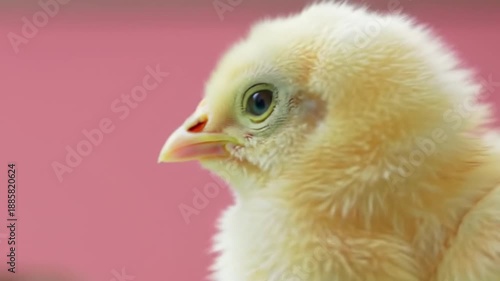 Baby chick on white and yellow backgrounds isolated cute fluffy small farm bird.