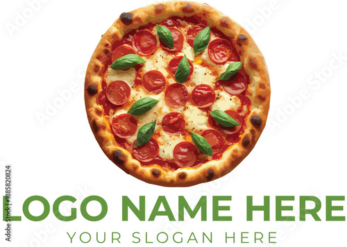 Whole pizza logo vector with pepperoni, cheese, and basil for pizzeria, fast food, or snack branding