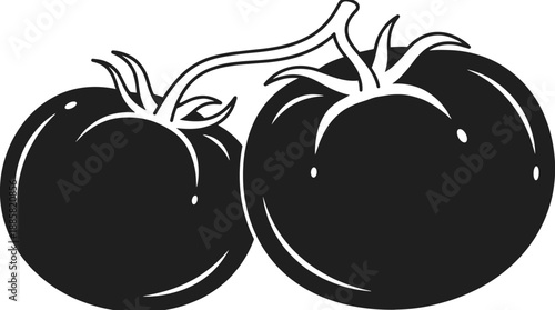 Black tomato silhouette illustration, two fresh tomatoes with stem, minimalist healthy vegetable icon for food logo branding design