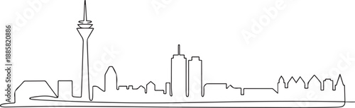 One single line drawing of Dusseldorf city skyline, Germany. Historical skyscraper landscape in world. Best holiday wall decor art destination. one line Icon drawing
