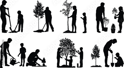 Family tree planting scenes with parents and children gardening together, caring for plants and saplings, black silhouette vector illustration set