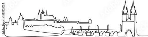 One continuous line drawing of Prague city skyline, Czech Republic. Beautiful landmark. World landscape tourism and travel vacation. one line Icon drawing
