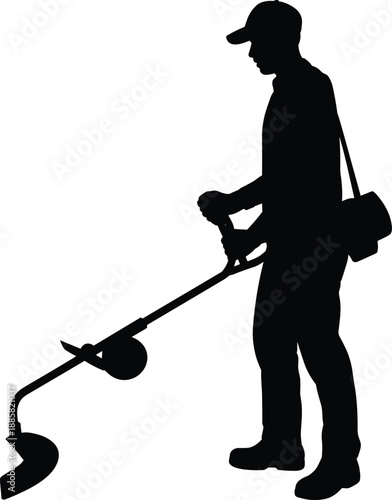 Farmer using brush cutter silhouette, agricultural worker operating grass trimmer black vector illustration isolated on white background for farming, gardening, and rural labor concepts