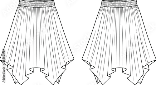 High low skirt technical flat, front and back view, elastic waistband, fashion line art, asymmetrical hem, vector illustration