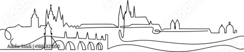 One continuous line drawing of Prague city skyline, Czech Republic. Beautiful landmark. World landscape tourism and travel vacation. one line Icon drawing
