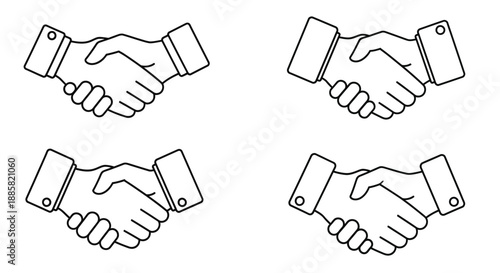 Four simple line art illustrations of handshakes symbolizing agreement and partnership