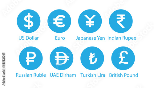 World Currency Icon Set Vector – Blue Dollar, Euro, Yen, Rupee, Pound and Global Money Symbols Collection