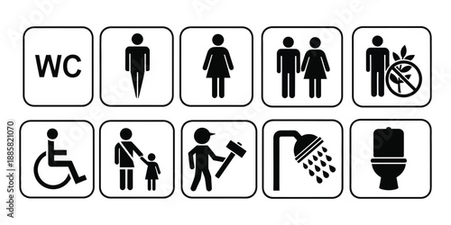 Public Restroom & Facility Icons: WC, Male, Female, Unisex, Accessible, Family, Gluten-Free