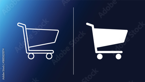 Shopping cart icons in line and solid styles on blue background for e commerce use
