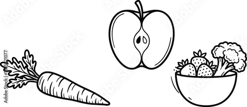 Healthy food line art illustration set, carrot apple and fruit bowl icons, black and white outline drawings for coloring design