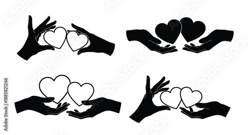 Hands gently cradling and protecting heart shapes in a simple black and white design