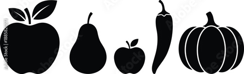 Minimal fruit and vegetable icon set, apple pear chili pumpkin symbols, healthy organic food concept, modern flat vector