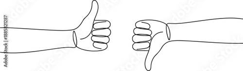 One line drawing of young male arm hands with thumbs up and thumbs down sign gesture. Good and bad symbol concept. one line Icon drawing
