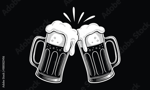 A detailed illustration showcases two overflowing mugs of beer clinking together against a dark starburst background creating a celebratory mood high-quality professional.