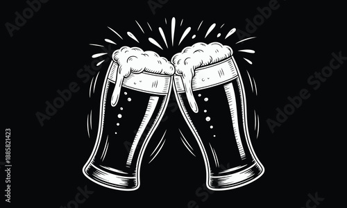 A vintage style illustration showcases two overflowing glasses of beer clinking together with frothy foam and splashing liquid presented on a dark background.