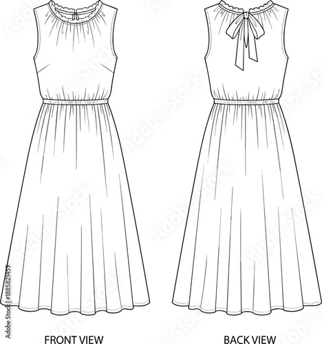 Sleeveless gathered neckline maxi dress technical flat, front and back view, elastic waist detail, fashion line art, vector illustration