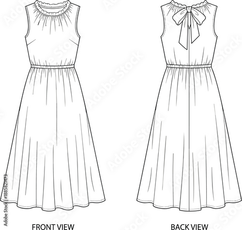 Sleeveless gathered neckline maxi dress technical flat, front and back view, elastic waist, flowy silhouette, fashion line art, vector illustration