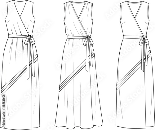 Sleeveless wrap maxi dress technical flat, three views, side tie waist, fashion line art, elegant long silhouette, vector illustration