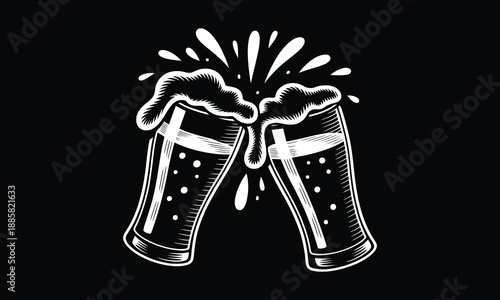 A vintage style illustration showcases two overflowing glasses of beer clinking together with frothy foam and splashing liquid presented on a dark background.