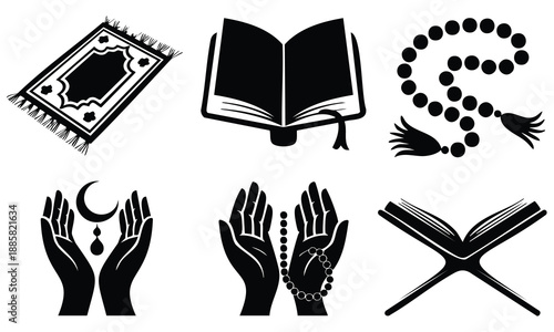 Ramadan silhouette bundle: prayer mat, book, rosary, praying hands, crescent