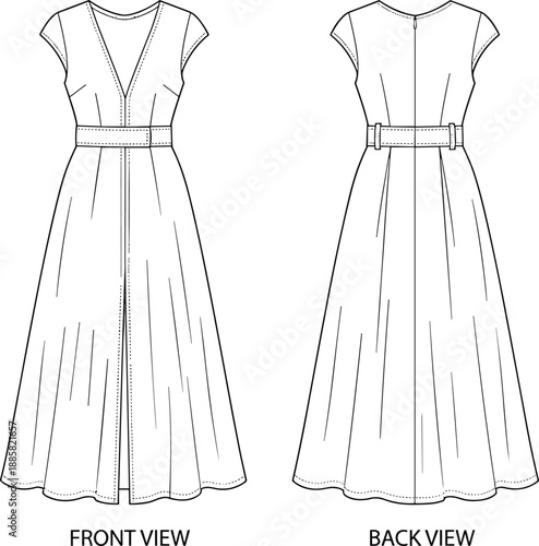 Women's belted maxi dress technical flat sketch, front and back view, fashion illustration for apparel sewing pattern design