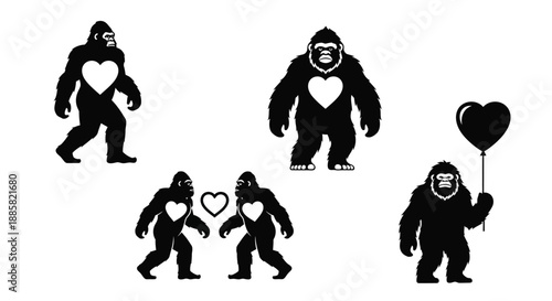 Silhouettes of gorillas forming hearts and holding a balloon love concept