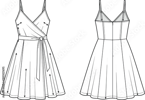 Women wrap dress technical flat illustration, front back view garment sketch, v neck spaghetti strap design, fashion drawing