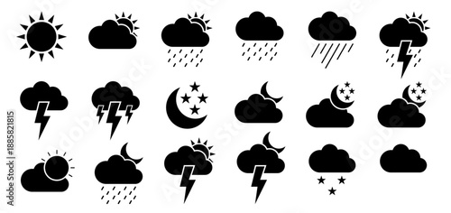 A collection of weather icons depicting various weather conditions such as sun, rain, clouds, thunderstorms, and moon phases. These symbols are useful for weather forecasts, apps, and digital designs 
