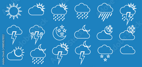 Set of simple weather icons showing sun, rain, clouds, thunderstorms, and moon phases in a white outline style. Perfect for digital interfaces, weather forecasting apps, or designs related to climate.