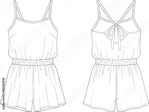 Women's sleeveless romper technical flat sketch, front and back view, fashion illustration for apparel sewing pattern design