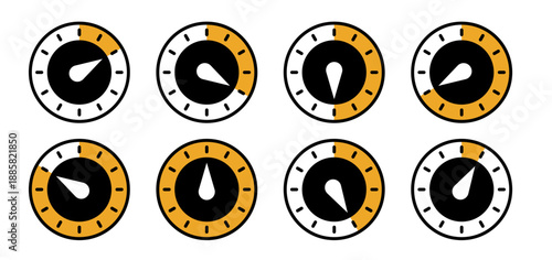 Set of minimalistic timer icons featuring different time intervals in a circular design with black, white, and orange color accents. These symbols represent various time phases for countdowns or time 