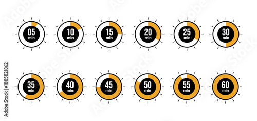 Set of minimalistic round time icons with time intervals from 5 to 60 minutes, using a black, white, and orange color scheme. Ideal for time tracking, timers, productivity apps, or task management