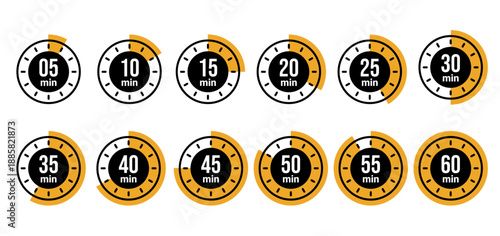 A set of time interval icons, ranging from 5 to 60 minutes, with yellow accents showing a segmented timer on a black-and-white circular background. Each timer represents a different time durations